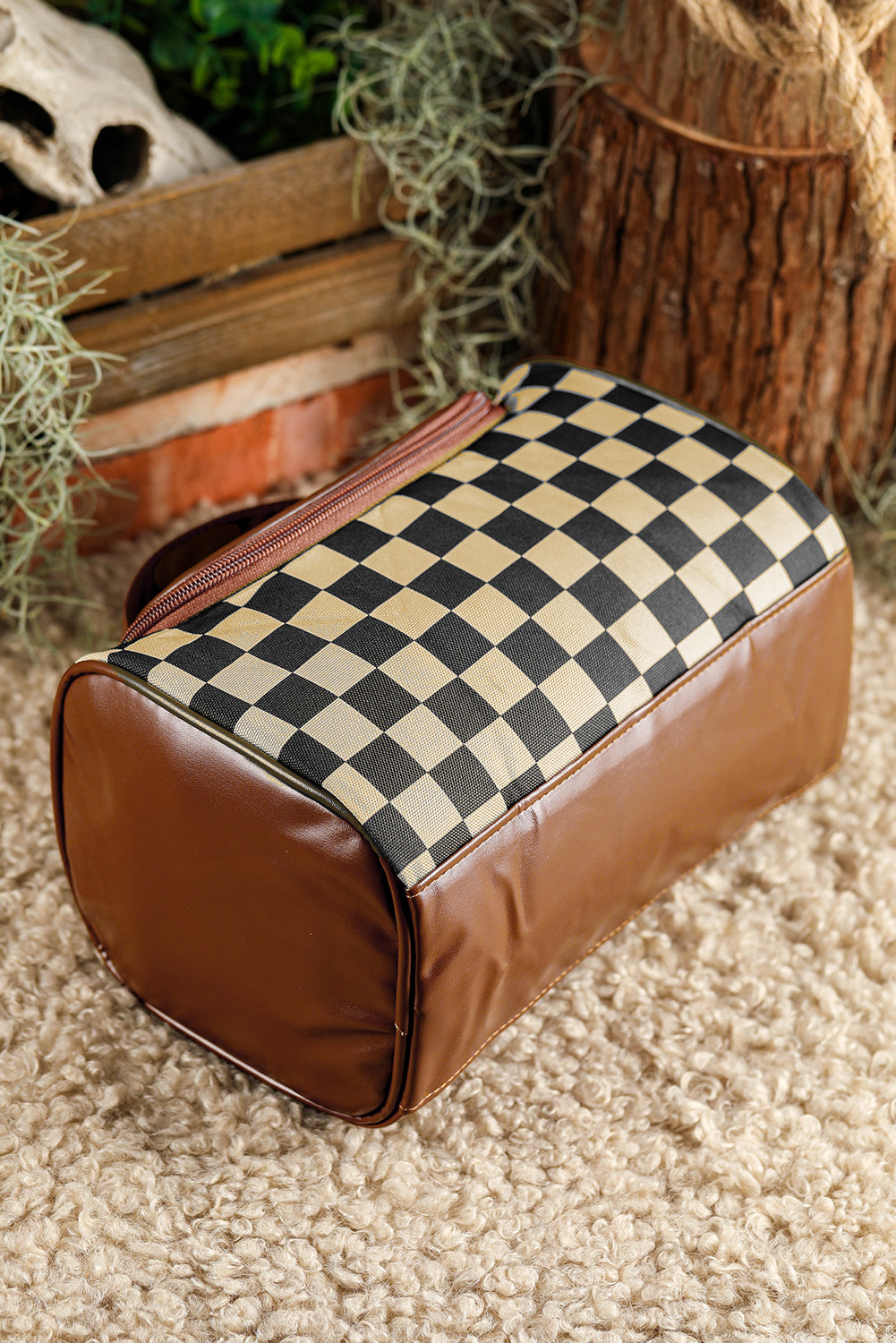 Checkered Zipper Large Cosmetic Bag with Handle