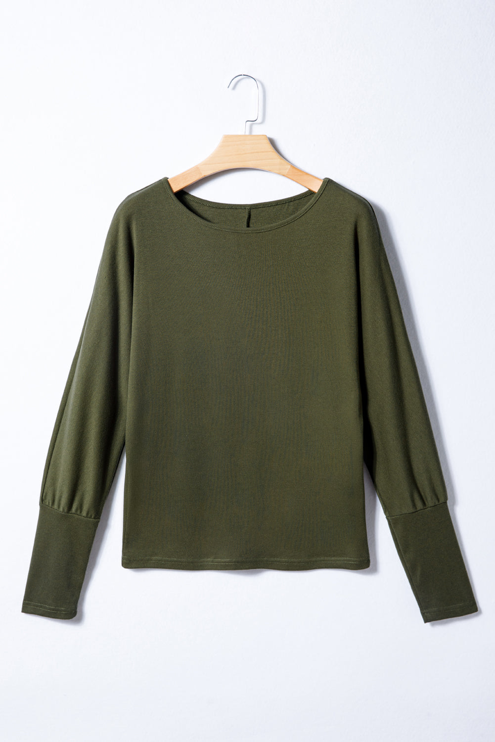 Green Solid Color Round Neck Dolman Sleeve Top