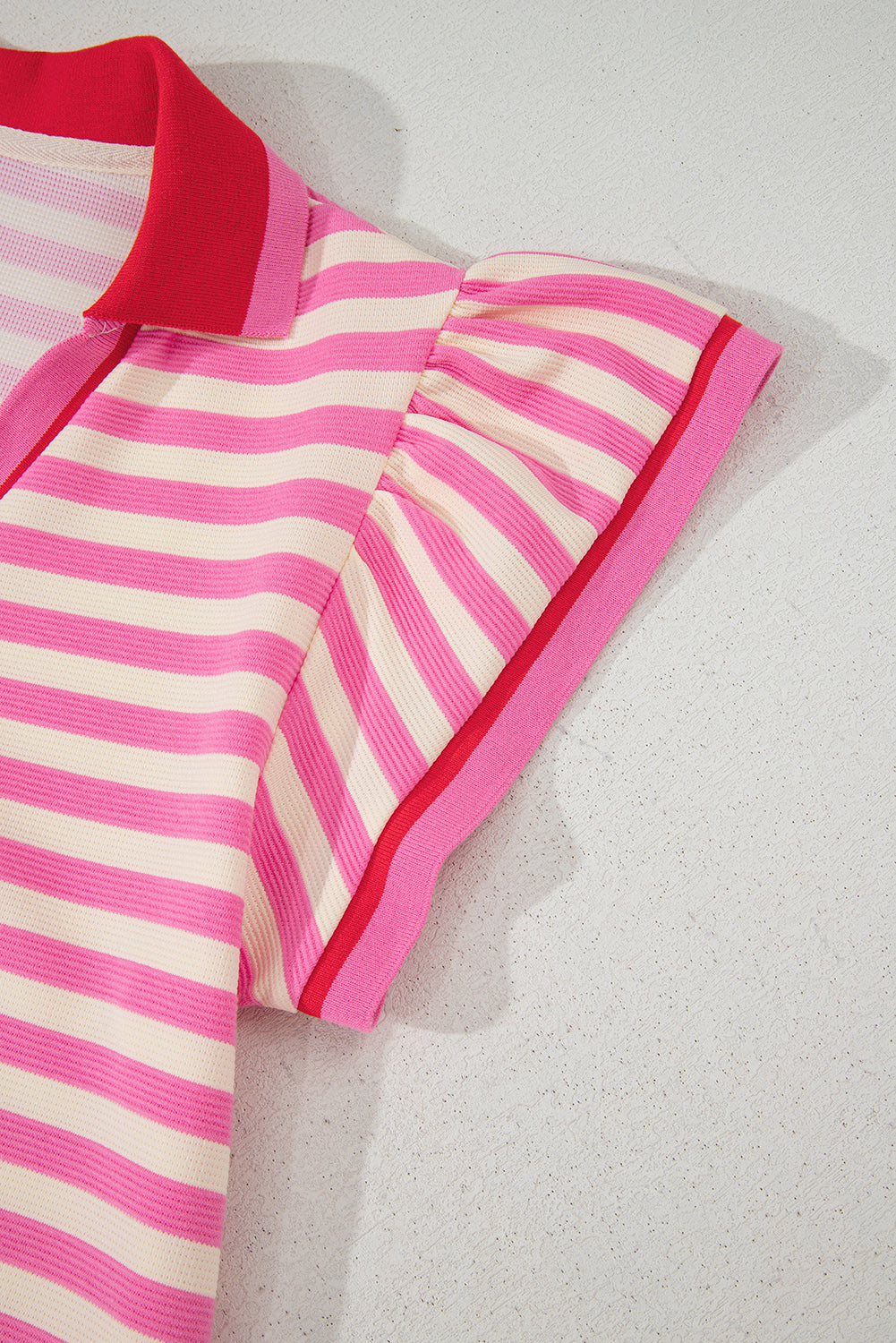 Sachet Pink Striped Ruffle Short Sleeve Pop of Color Neckline Dress