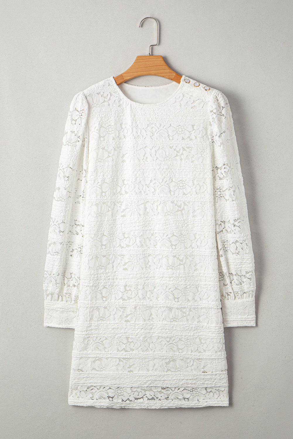 White Lace Floral Round Neck Puff Sleeve Shift Mini Dress