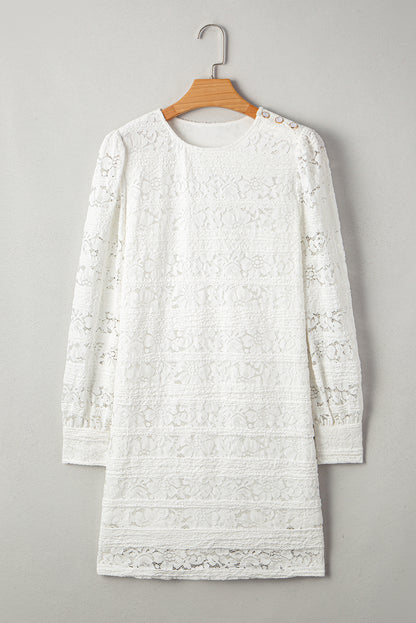 White Lace Floral Round Neck Puff Sleeve Shift Mini Dress