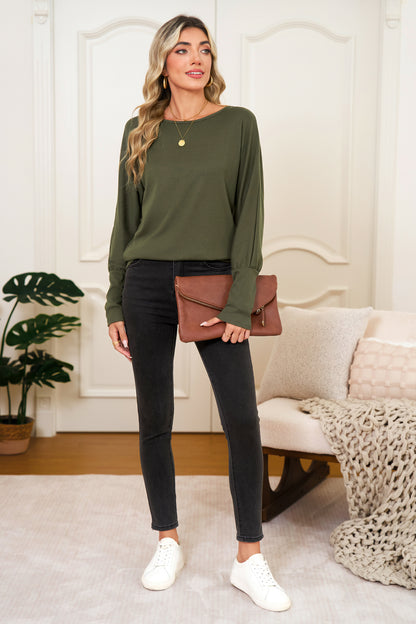 Green Solid Color Round Neck Dolman Sleeve Top