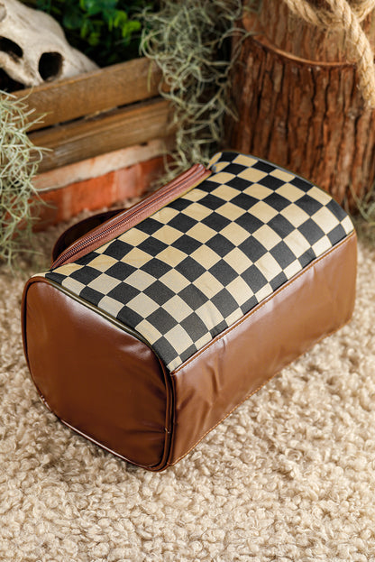 Checkered Zipper Large Cosmetic Bag with Handle