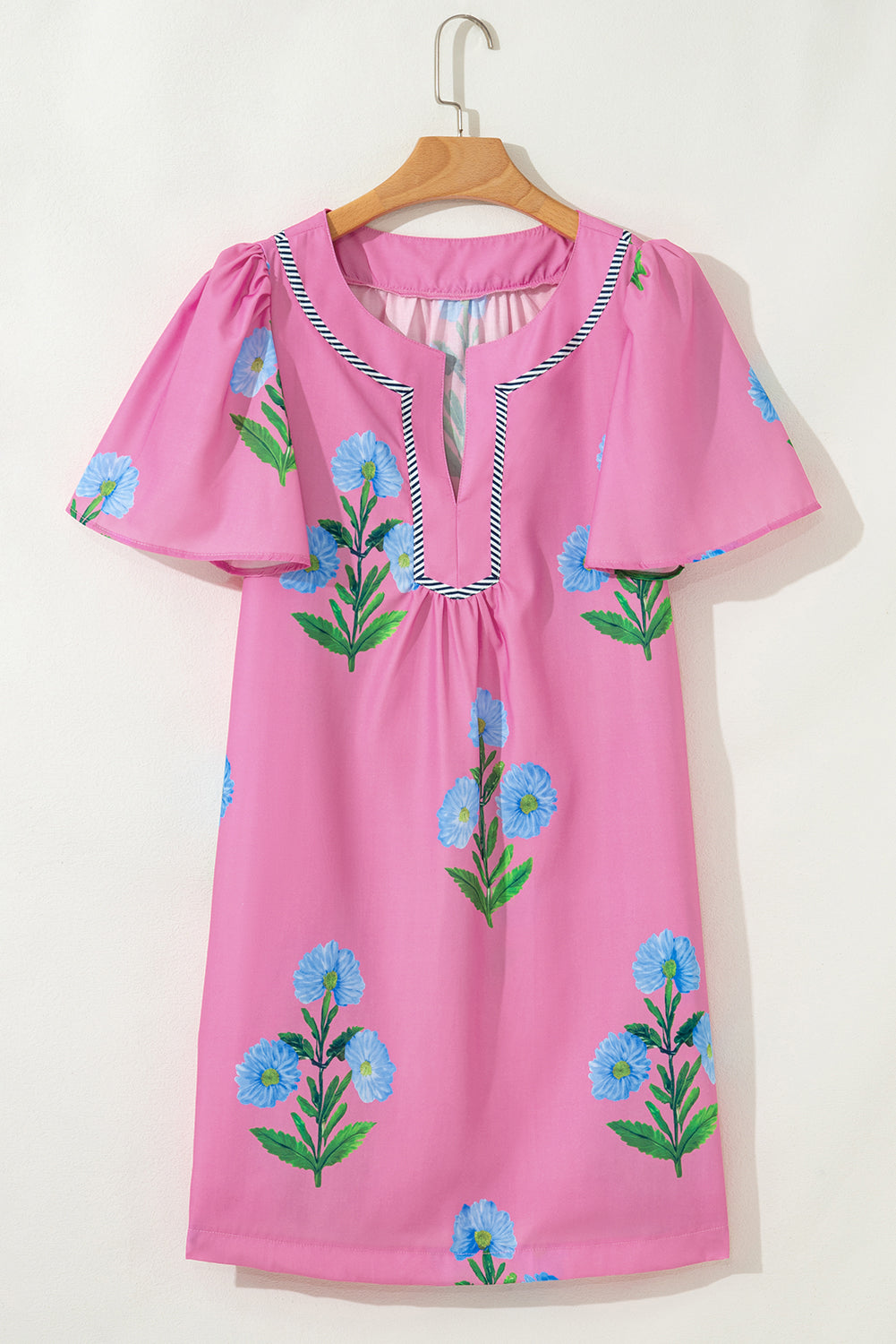 Rose Striped Trim Short Sleeve Split Neck Floral Mini Dress