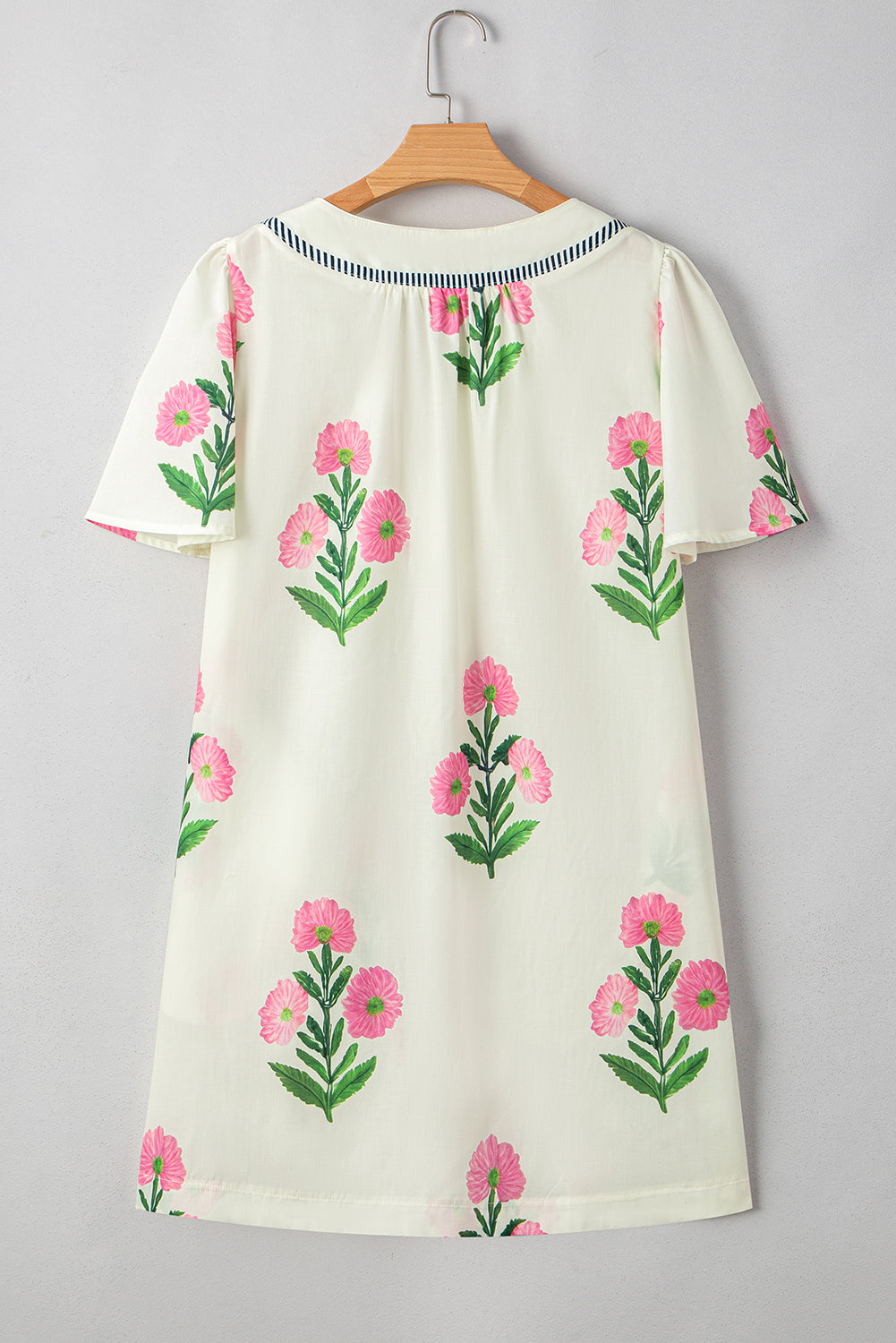 Apricot Striped Trim Short Sleeve Split Neck Floral Mini Dress