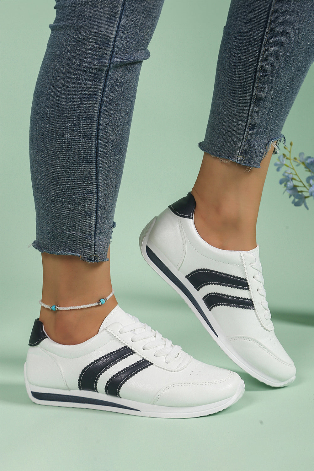 White PU Leather Striped Lace Up Casual Sneakers