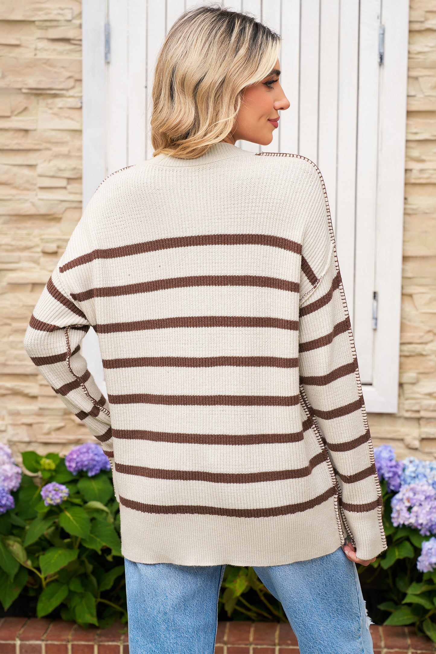 Brown Striped Exposed Seam Loose Henley Sweater