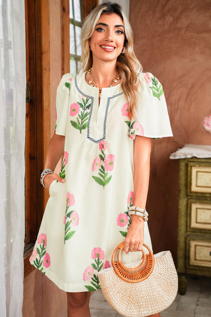 Apricot Striped Trim Short Sleeve Split Neck Floral Mini Dress