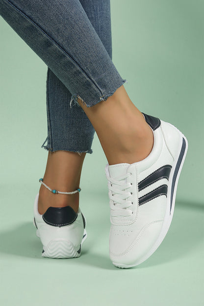 White PU Leather Striped Lace Up Casual Sneakers