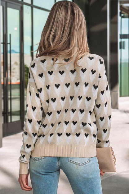 Parchment Geometric Heart Print Ribbed Trim Loose Sweater