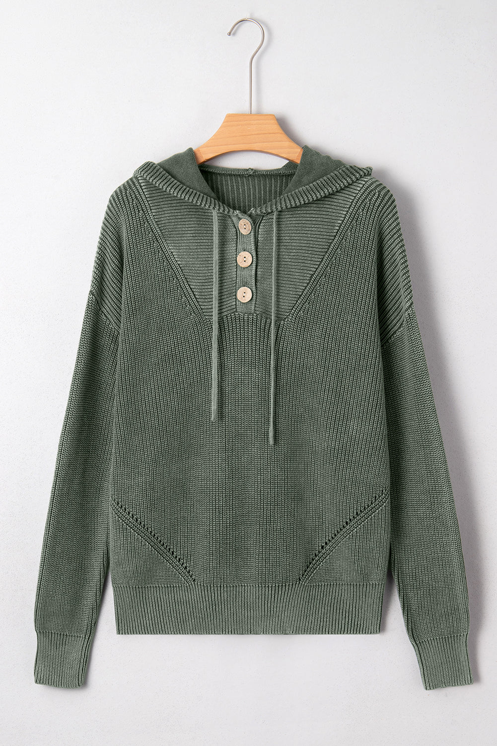 Mist Green Mineral Wash Ribbed Knit Drawstring Hooded Sweater