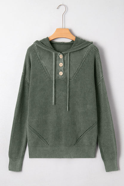Mist Green Mineral Wash Ribbed Knit Drawstring Hooded Sweater