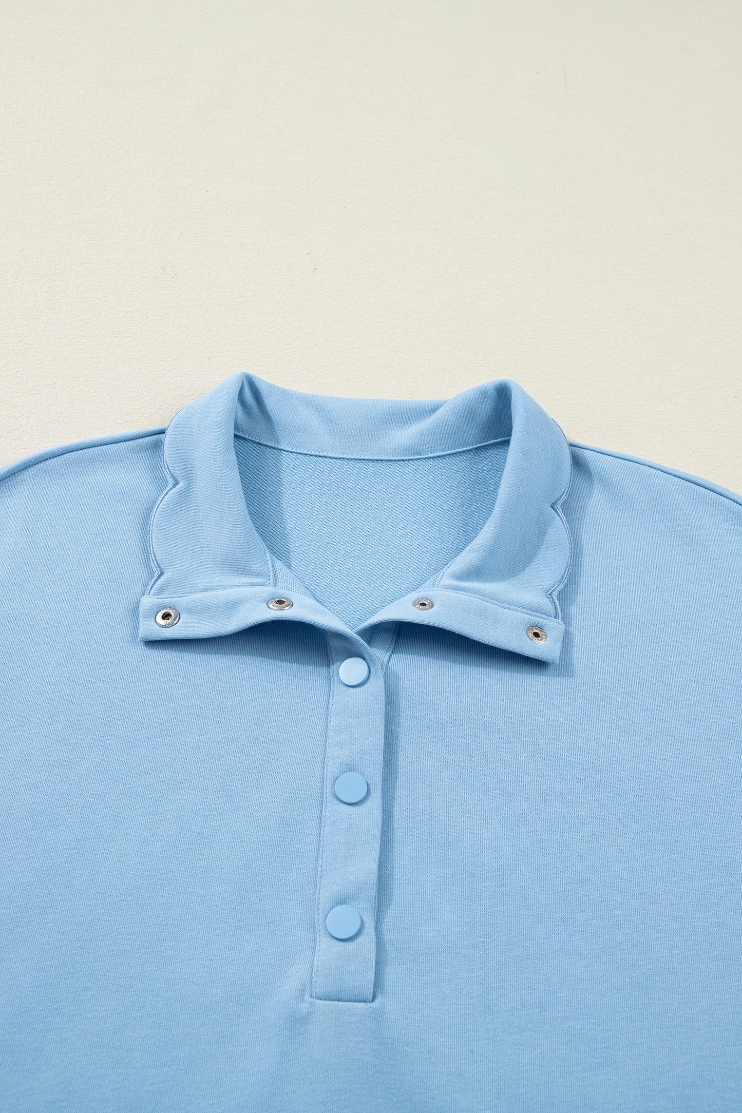 Beau Blue Solid Color Snap Button Polo Collar Short Sleeve Scallop Hem Mini Dress