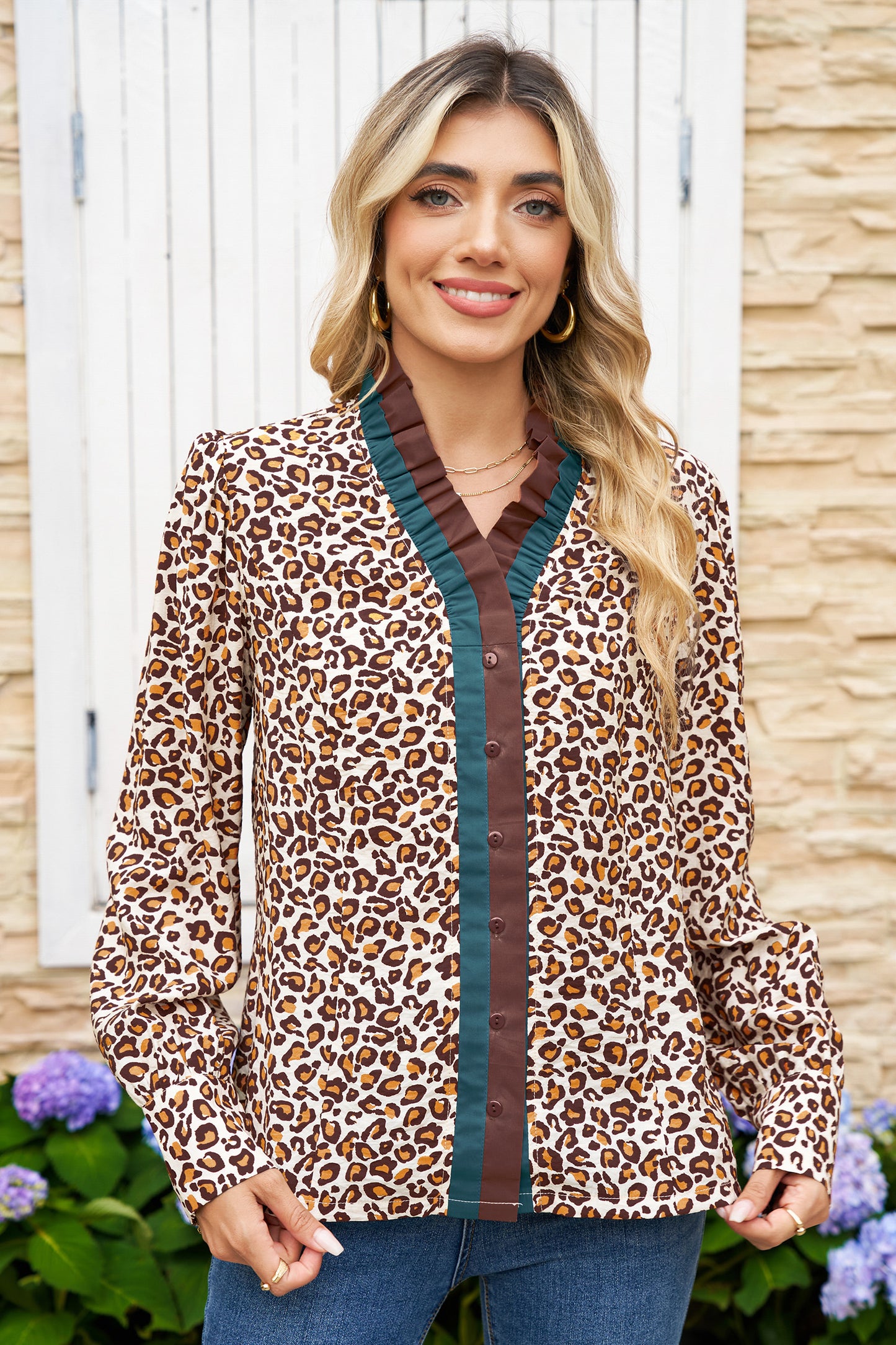 Brown Leopard Print Frill Stand Neck Button Long Sleeve Shirt