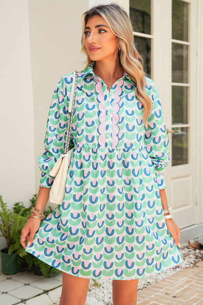 Green Floral Print Scallop Trim Pocket Mini Dress