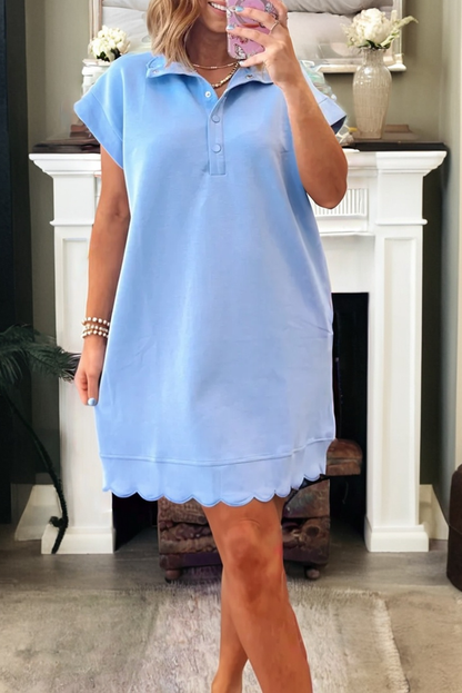 Beau Blue Solid Color Snap Button Polo Collar Short Sleeve Scallop Hem Mini Dress