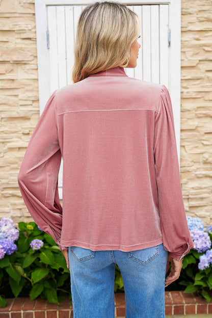 Fushia Velvet Long Sleeve Stand Neck Knot Blouse