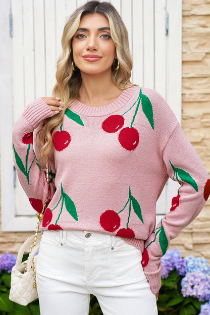 Pink Cherry Print Round Neck Knit Sweater