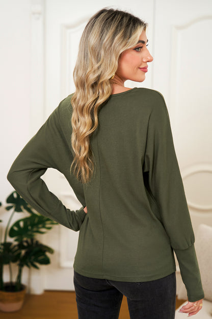 Green Solid Color Round Neck Dolman Sleeve Top
