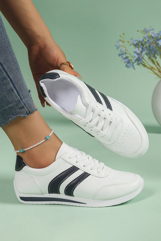 White PU Leather Striped Lace Up Casual Sneakers