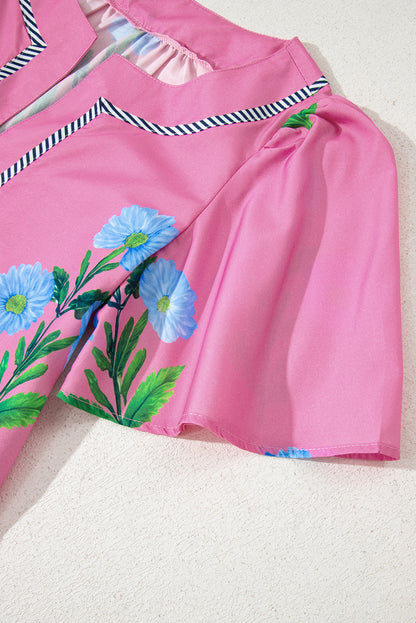 Rose Striped Trim Short Sleeve Split Neck Floral Mini Dress