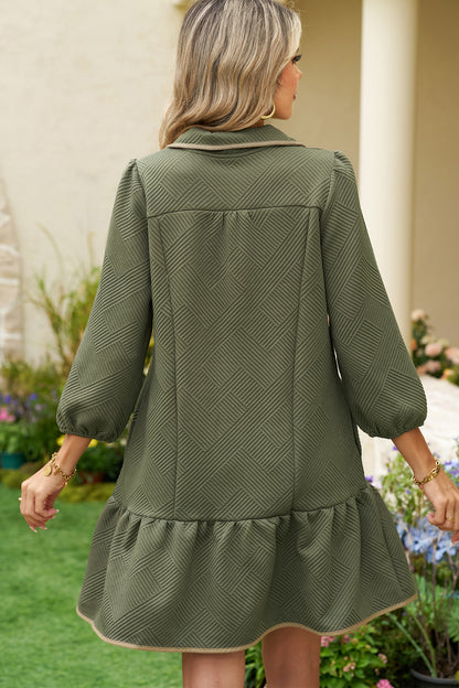 Jungle Green  Quarter Zip Collar Bracelet Sleeve Textured Mini Dress