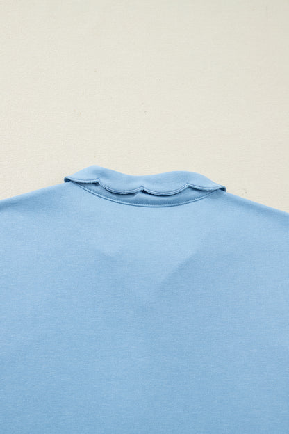 Beau Blue Solid Color Snap Button Polo Collar Short Sleeve Scallop Hem Mini Dress