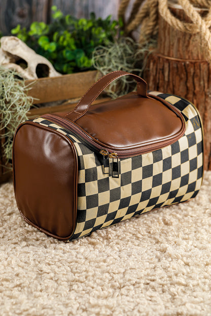 Checkered Zipper Large Cosmetic Bag with Handle