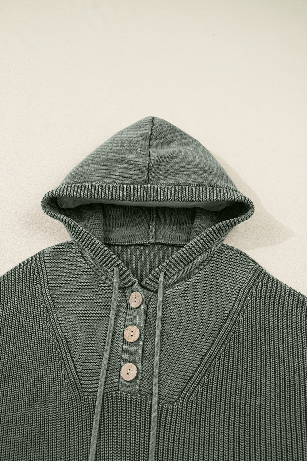 Mist Green Mineral Wash Ribbed Knit Drawstring Hooded Sweater