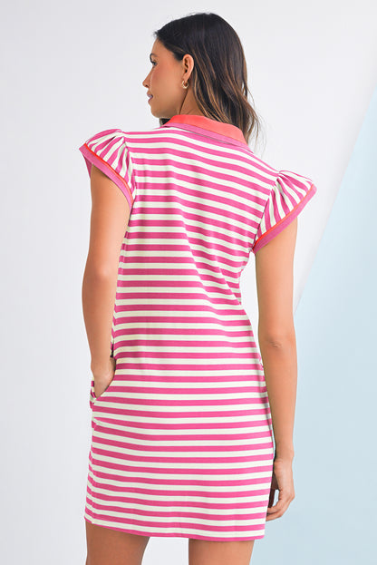 Sachet Pink Striped Ruffle Short Sleeve Pop of Color Neckline Dress