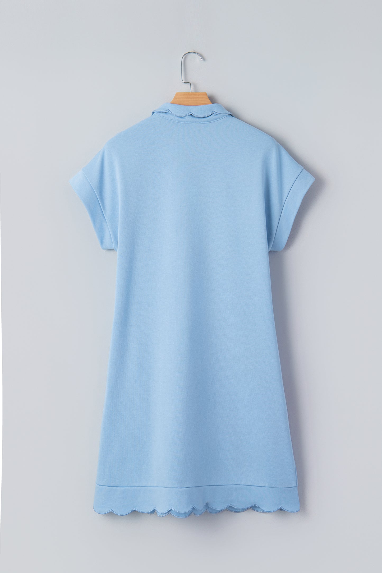 Beau Blue Solid Color Snap Button Polo Collar Short Sleeve Scallop Hem Mini Dress