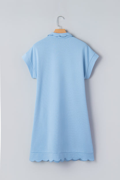 Beau Blue Solid Color Snap Button Polo Collar Short Sleeve Scallop Hem Mini Dress
