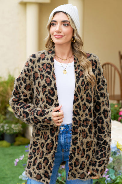 Brown Leopard Open Front Fuzzy Cardigan
