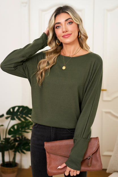 Green Solid Color Round Neck Dolman Sleeve Top
