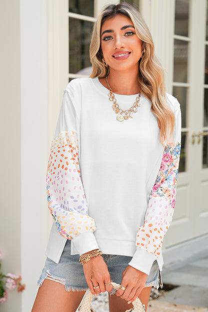 White Floral Dotted Print Patchwork Sleeve High Low Sweatshirt