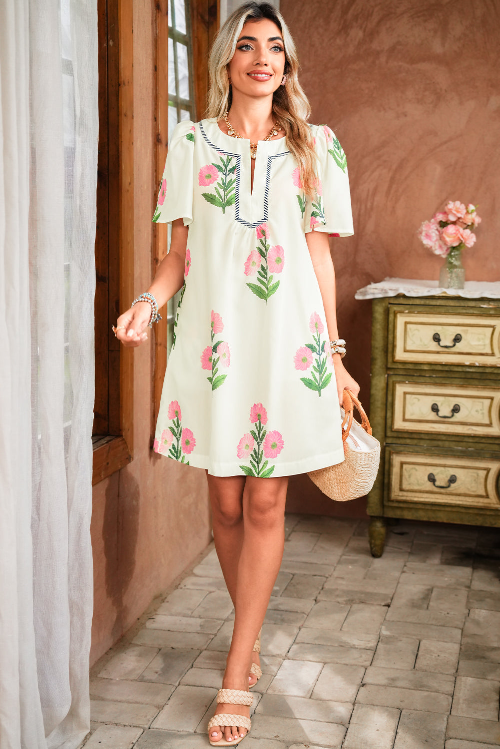 Apricot Striped Trim Short Sleeve Split Neck Floral Mini Dress