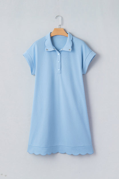Beau Blue Solid Color Snap Button Polo Collar Short Sleeve Scallop Hem Mini Dress