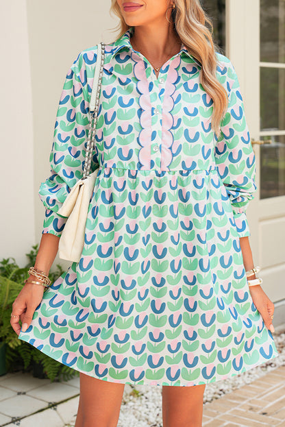 Green Floral Print Scallop Trim Pocket Mini Dress