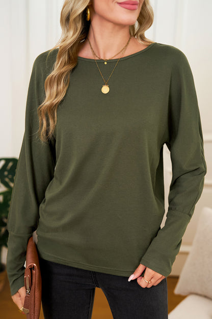 Green Solid Color Round Neck Dolman Sleeve Top
