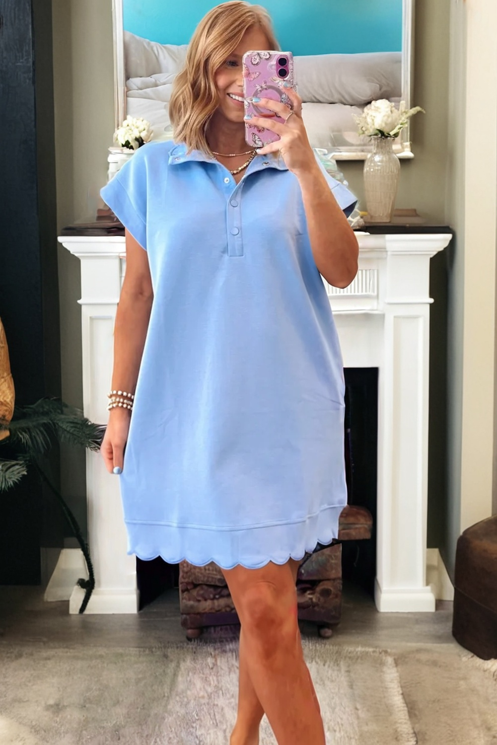 Beau Blue Solid Color Snap Button Polo Collar Short Sleeve Scallop Hem Mini Dress