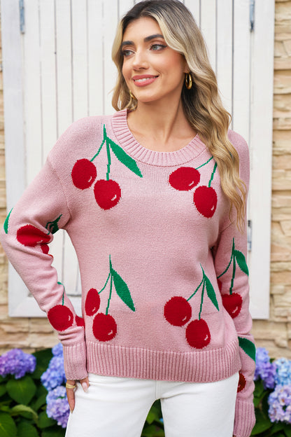 Pink Cherry Print Round Neck Knit Sweater