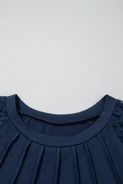Navy Blue Contrast Lace Raglan Sleeve Pleated Mini Dress