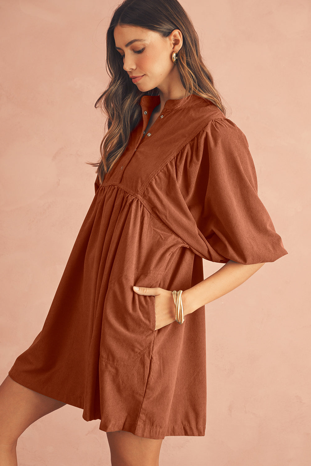 Gold Flame Light Snap Button Empire Waist Lantern Sleeve Corduroy Dress