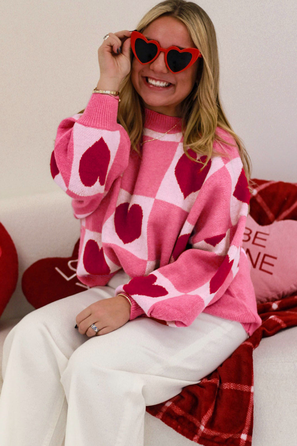 Pink Love Heart Checkered Valentine Knit Sweater