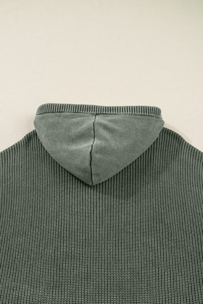 Mist Green Mineral Wash Ribbed Knit Drawstring Hooded Sweater