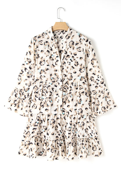 Khaki Leopard Button V Neck Pocket Flowy Mini Dress