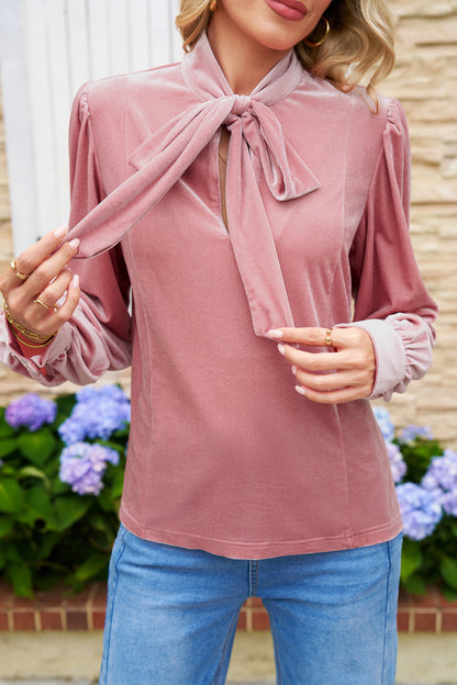Fushia Velvet Long Sleeve Stand Neck Knot Blouse