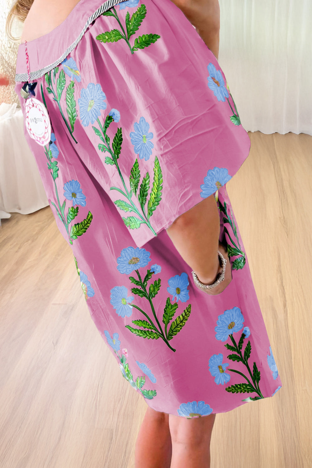 Rose Striped Trim Short Sleeve Split Neck Floral Mini Dress