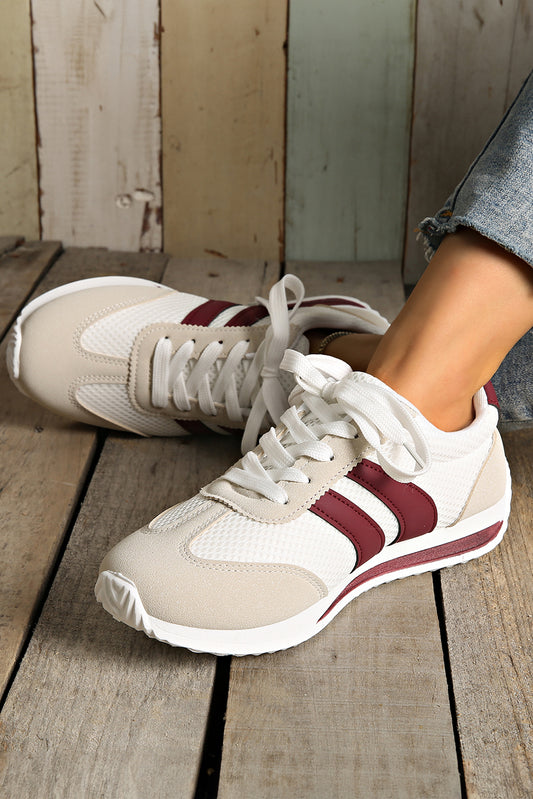 White Patchwork Breathable Lace Up Sneakers