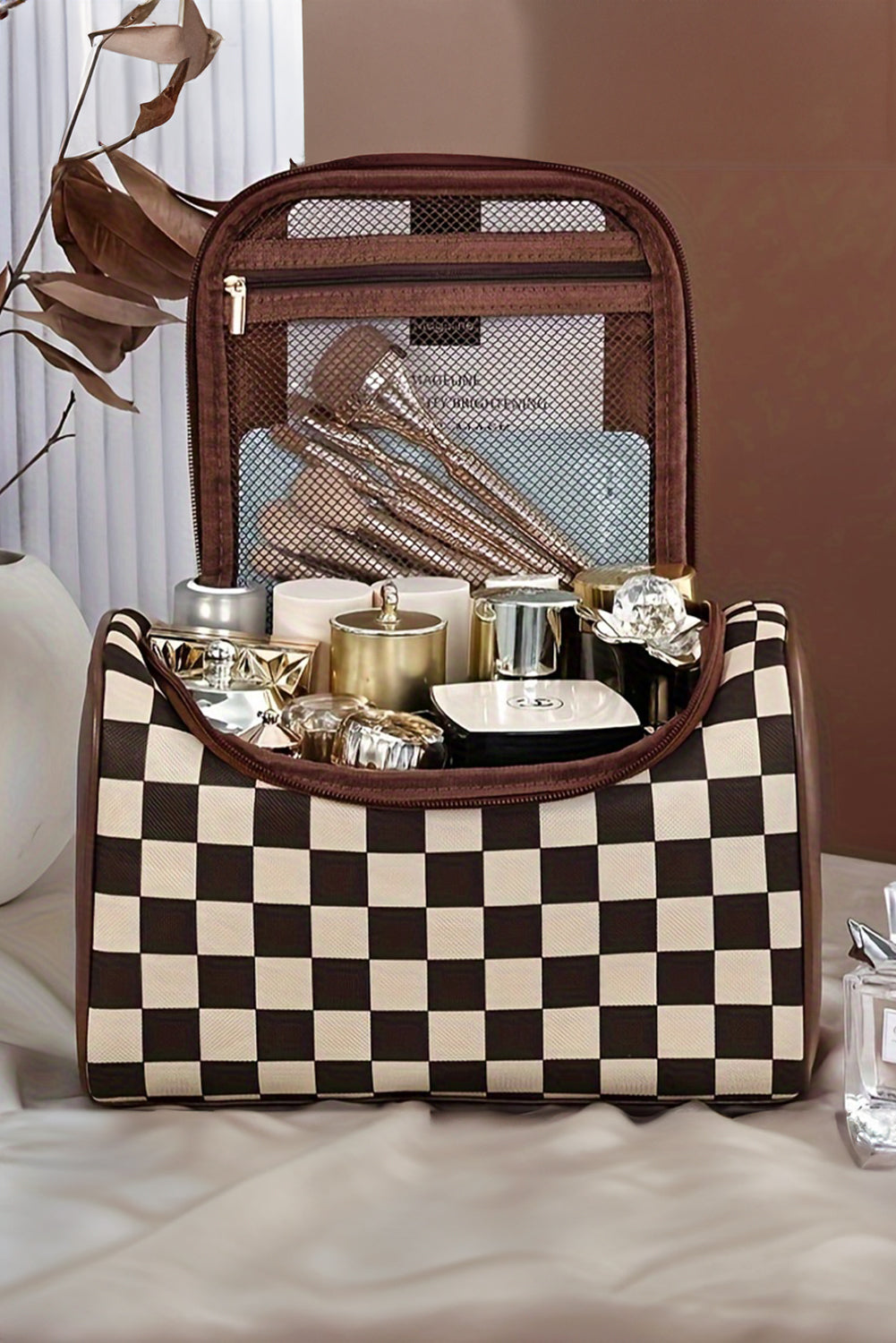 Checkered Zipper Large Cosmetic Bag with Handle